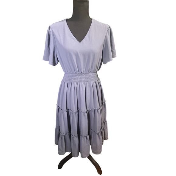 Mikarose Dusty Blue Tiered Ruffle Dress – Feminine & Flowy Perfection - Picture 1 of 12